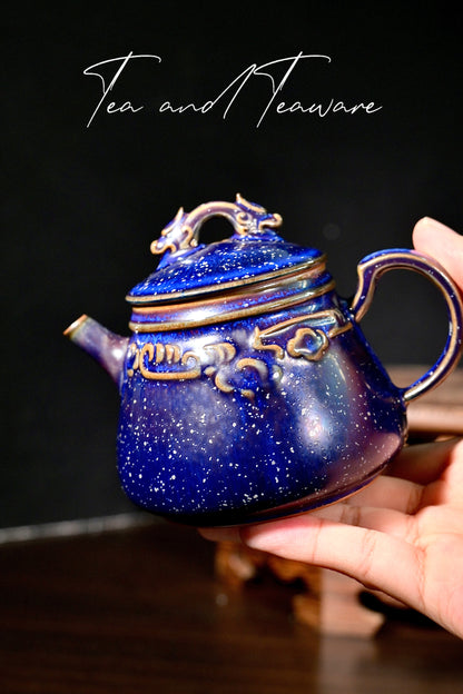 Jun Ware Blue Glaze Handcrafted Teapot with Sculpted Dragon Lid & Relief Motif 175ml
