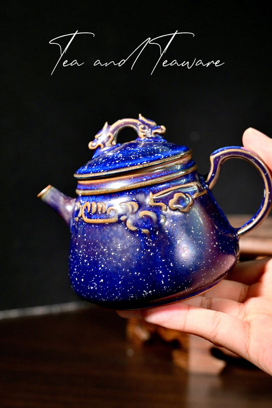 Jun Ware Blue Glaze Handcrafted Teapot with Sculpted Dragon Lid & Relief Motif 175ml