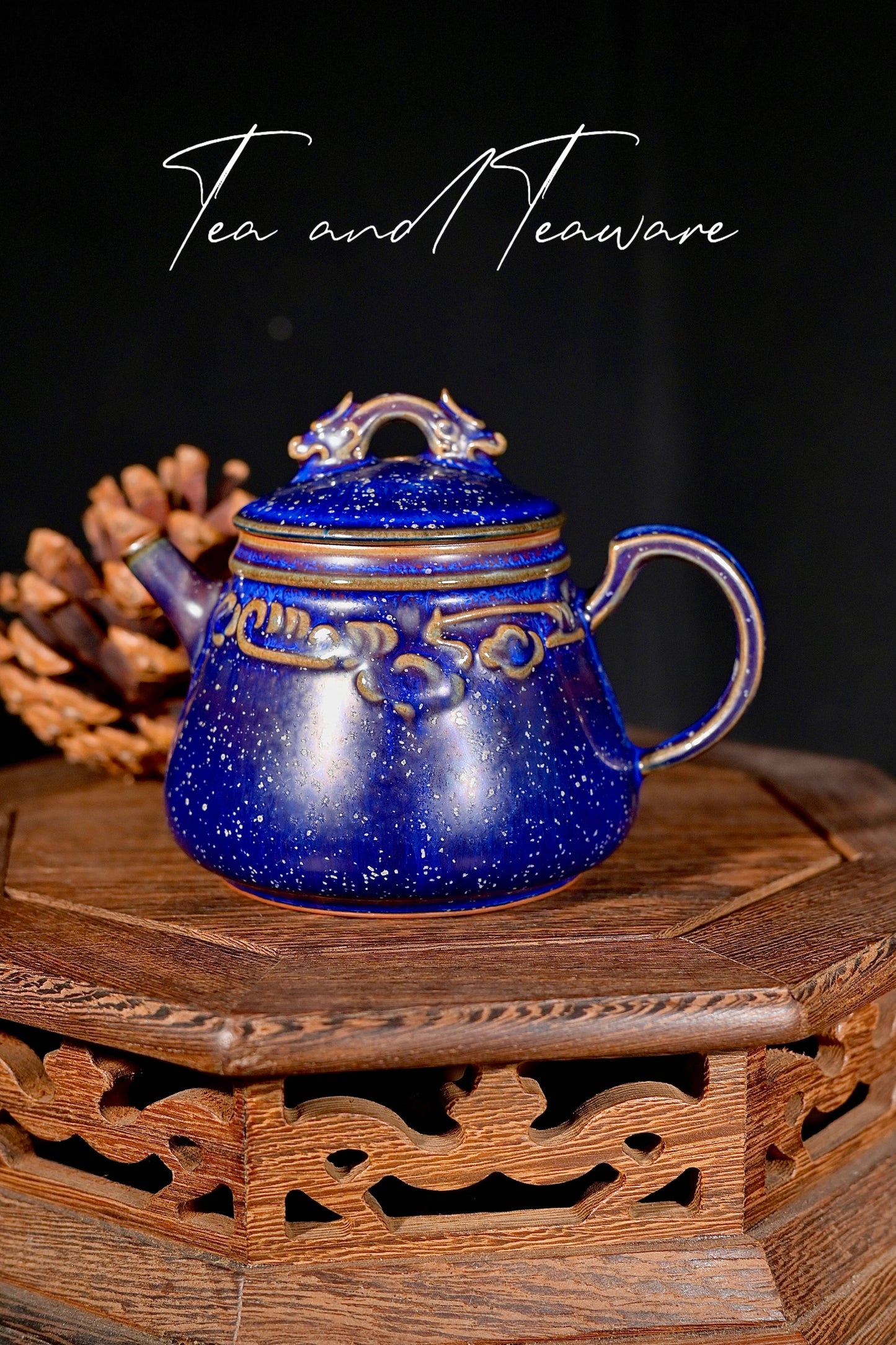 Jun Ware Blue Glaze Handcrafted Teapot with Sculpted Dragon Lid & Relief Motif 175ml