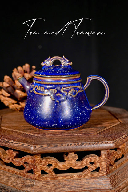 Jun Ware Blue Glaze Handcrafted Teapot with Sculpted Dragon Lid & Relief Motif 175ml
