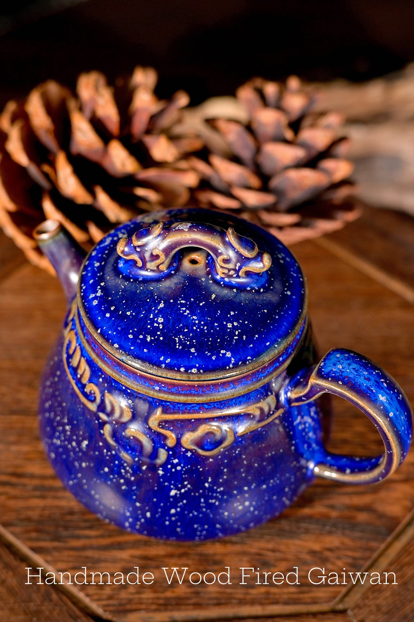 Jun Ware Blue Glaze Handcrafted Teapot with Sculpted Dragon Lid & Relief Motif 175ml
