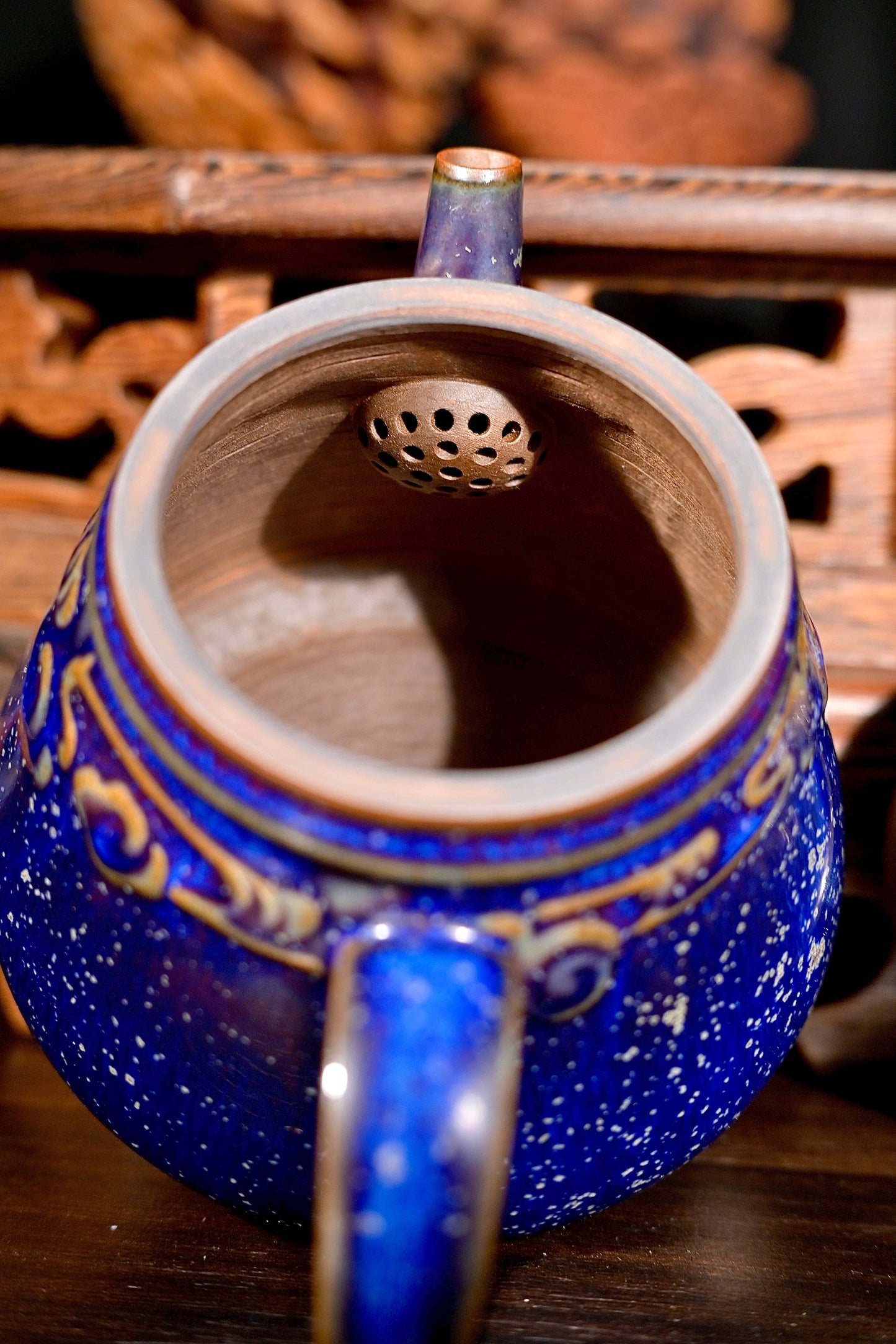 Jun Ware Blue Glaze Handcrafted Teapot with Sculpted Dragon Lid & Relief Motif 175ml