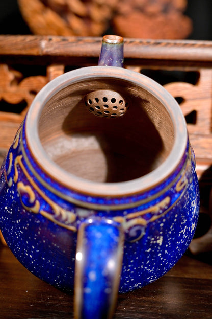 Jun Ware Blue Glaze Handcrafted Teapot with Sculpted Dragon Lid & Relief Motif 175ml