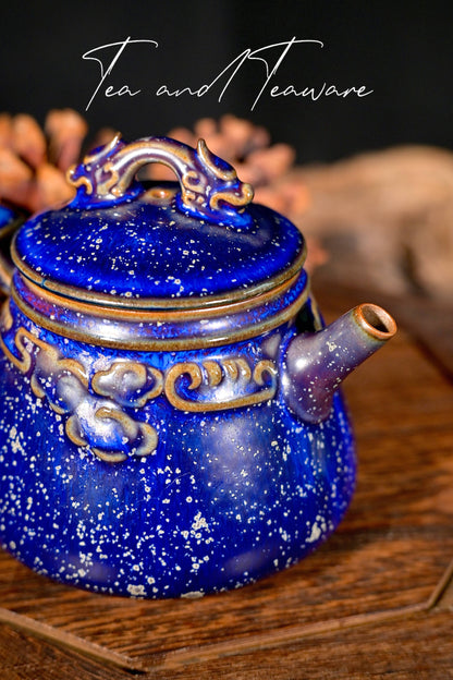 Jun Ware Blue Glaze Handcrafted Teapot with Sculpted Dragon Lid & Relief Motif 175ml