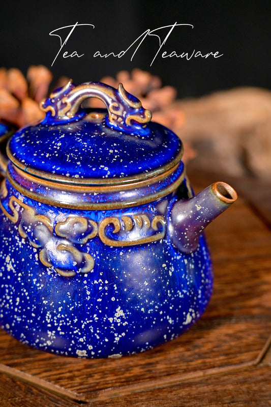 Jun Ware Blue Glaze Handcrafted Teapot with Sculpted Dragon Lid & Relief Motif 175ml