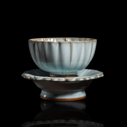 Jun Ware Fluted Chrysanthemum Tea Bowl with Pedestal Saucer Set 150ml