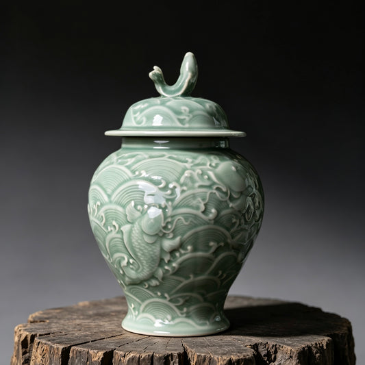 Longquan Celadon Koi & Waves Storage Jar with Lid 1000ml