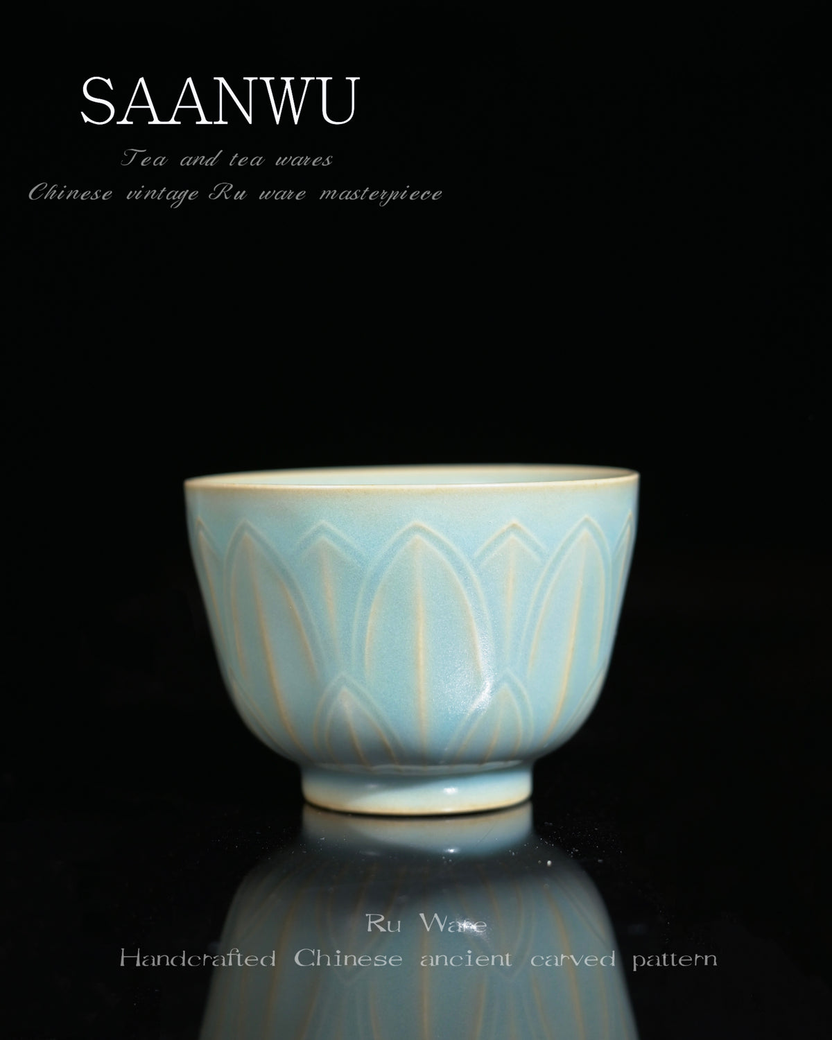 Ru Ware Vintage-Glaze Carved Lotus / Baoxiang Motif Teacup 90ml