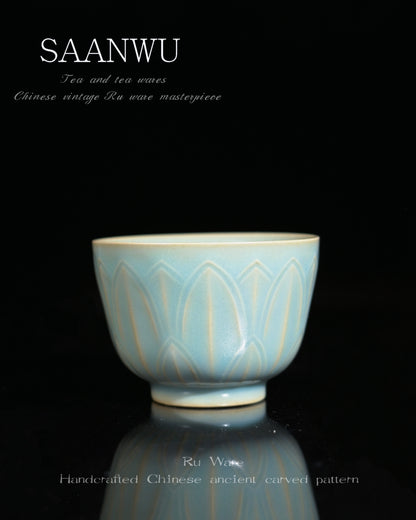 Ru Ware Vintage-Glaze Carved Lotus / Baoxiang Motif Teacup 90ml