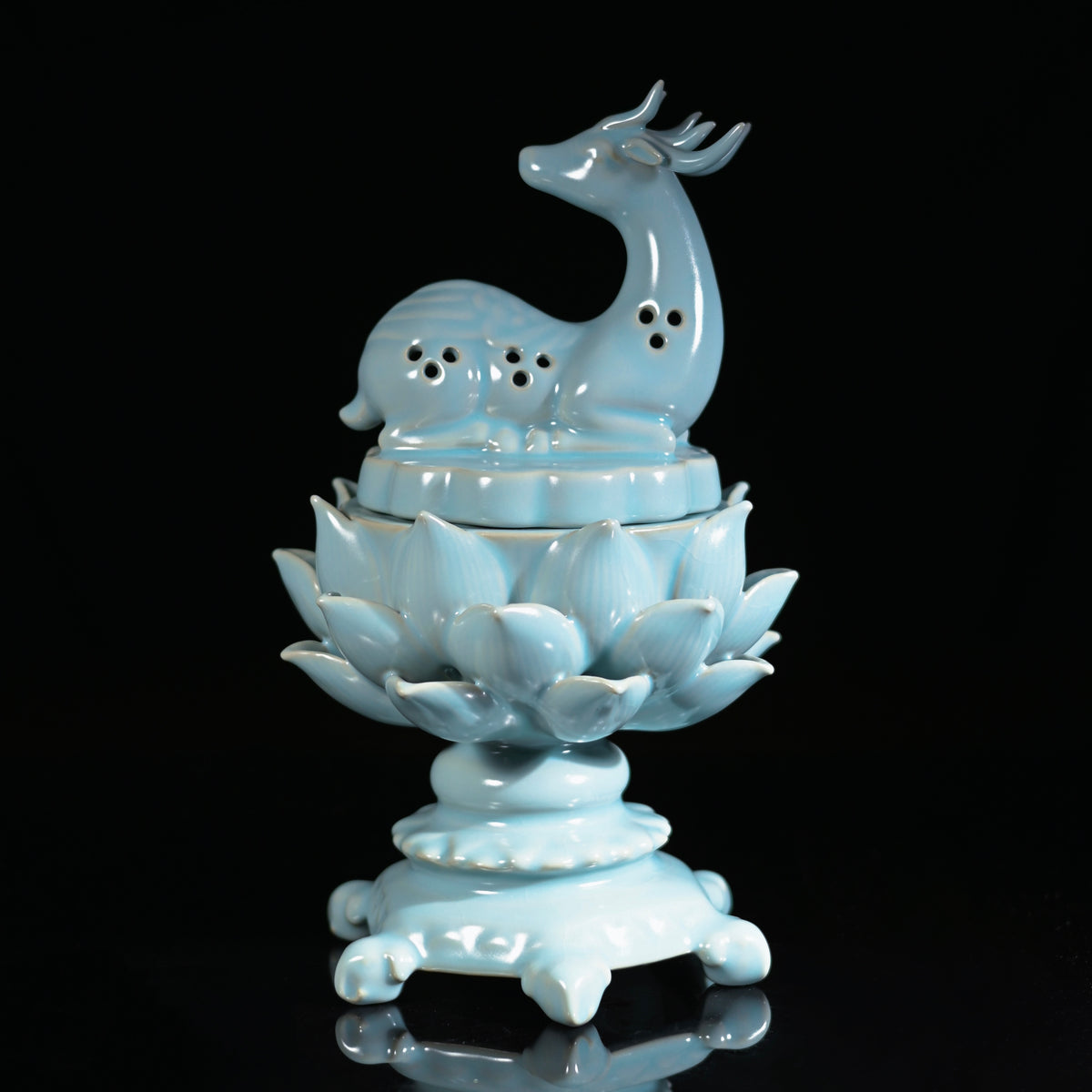 Ru Ware Sky-Blue Celestial Deer & Sacred Lotus Incense Burner