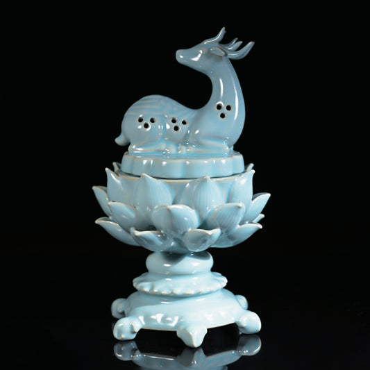 Ru Ware Sky-Blue Celestial Deer & Sacred Lotus Incense Burner