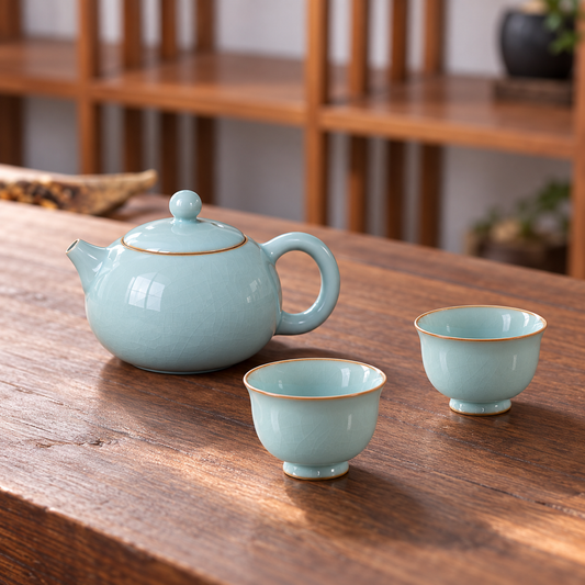 Ru Ware Sky-Blue Xi Shi 3-Piece Teaset with Traditional Nail-Support Marks