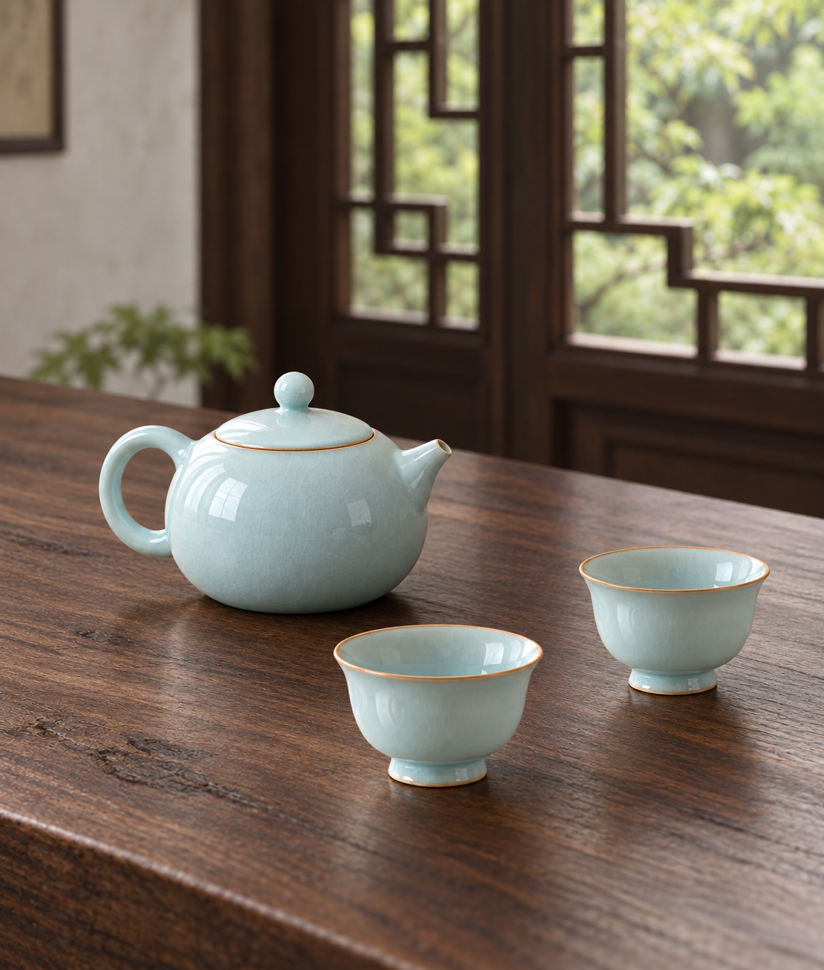 Ru Ware Sky-Blue Xi Shi 3-Piece Teaset with Traditional Nail-Support Marks
