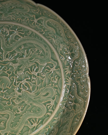 24cm diameter celadon ceramic platter suitable as teapot drip tray serving plate or fruit dish
