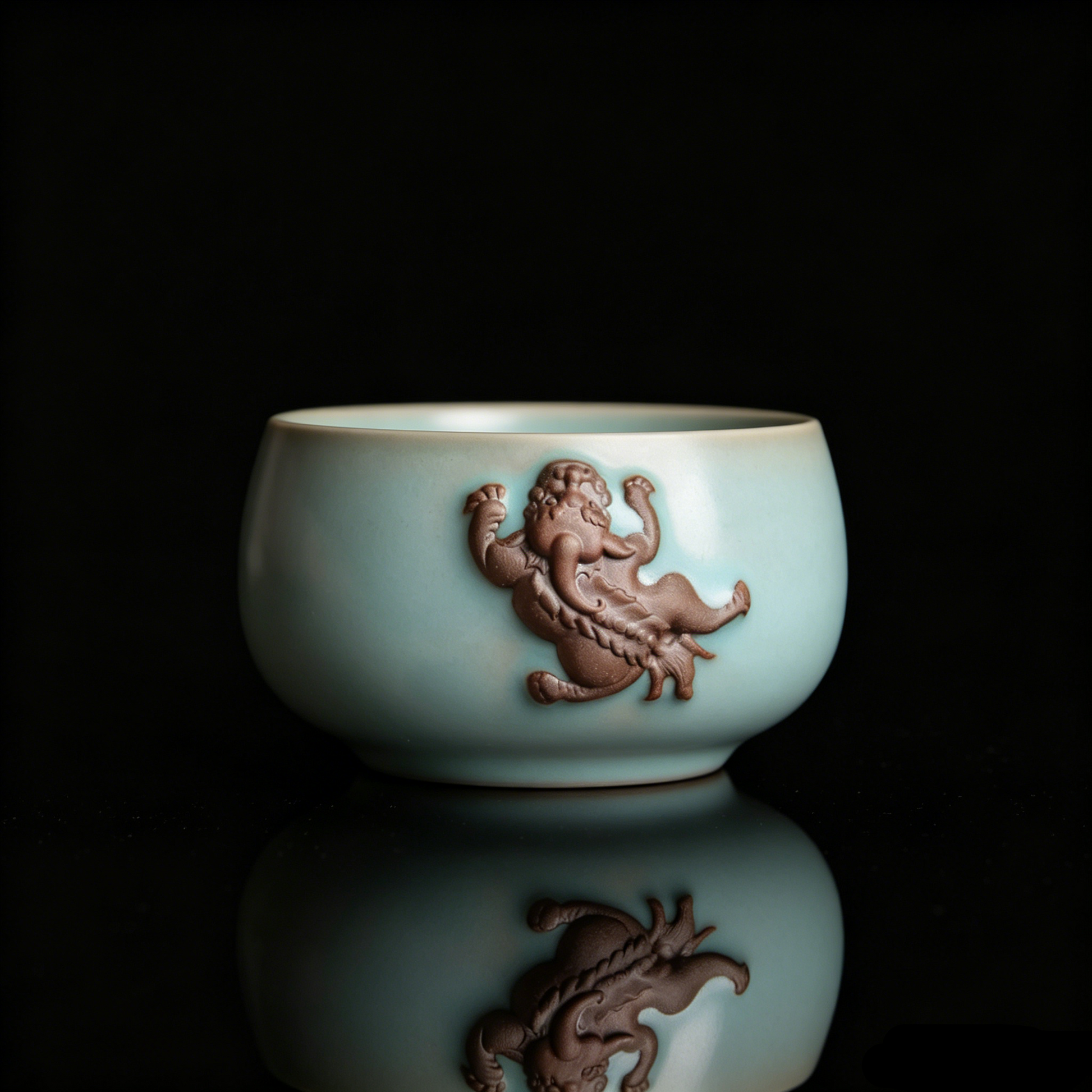 Antique finish Ru Ware teacup featuring a prominent 3D unglazed Pixiu relief on the side.
