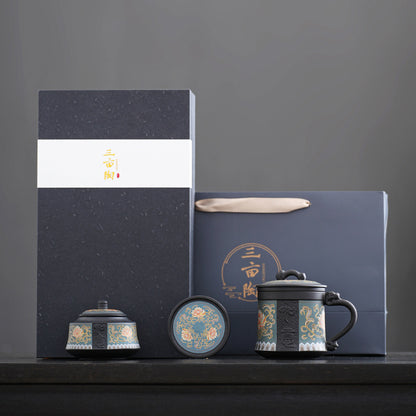 Tasse à thé en argile violette à motif lotus royal + boîte à thé
