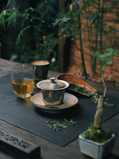Jingdezhen Phoenix Rising Handbemaltes Gaiwan-Set aus Ton