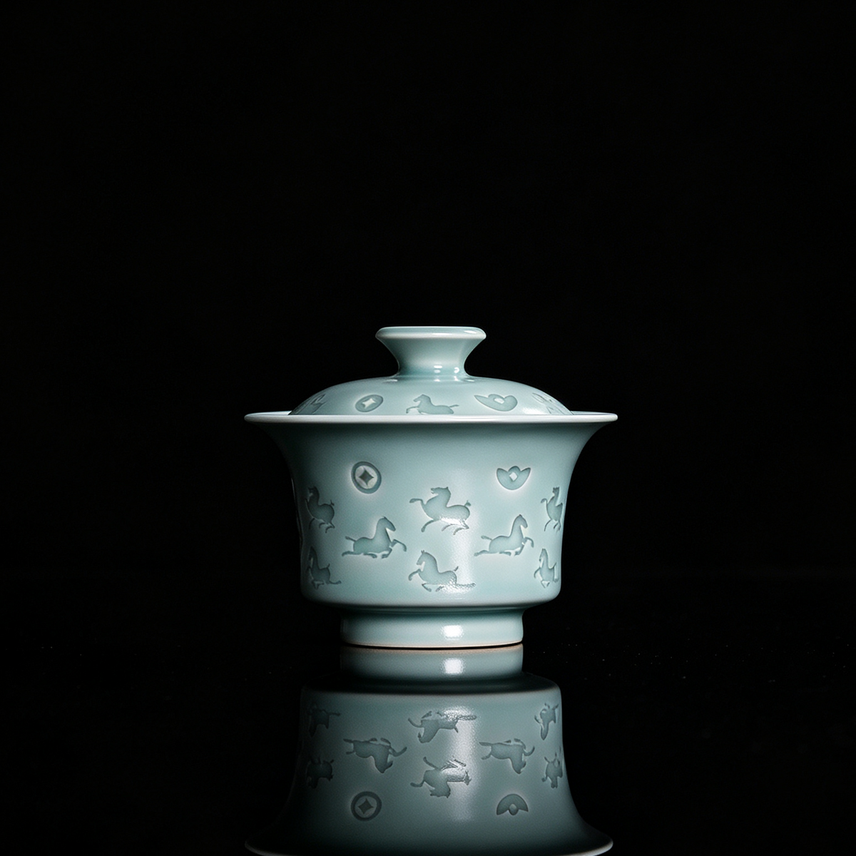 Longquan Celadon Hand-Carved  "Horse & Wealth" Gaiwan 150ml
