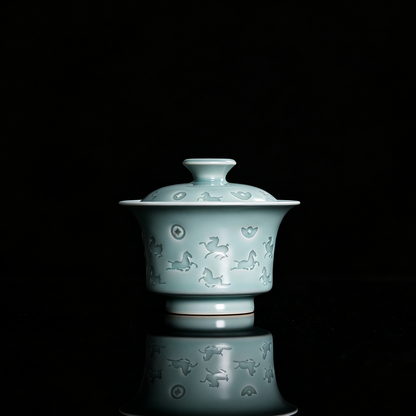 Longquan Celadon Hand-Carved  "Horse & Wealth" Gaiwan 150ml