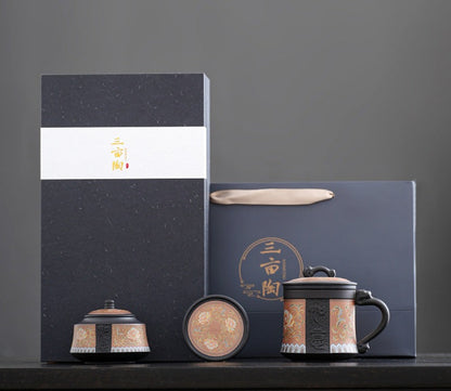 Tasse à thé en argile violette à motif lotus royal + boîte à thé