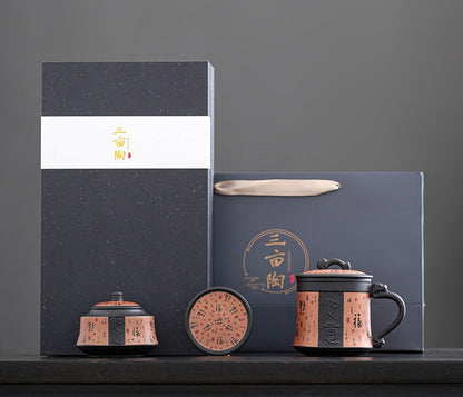 Tasse à thé en argile violette à motif lotus royal + boîte à thé