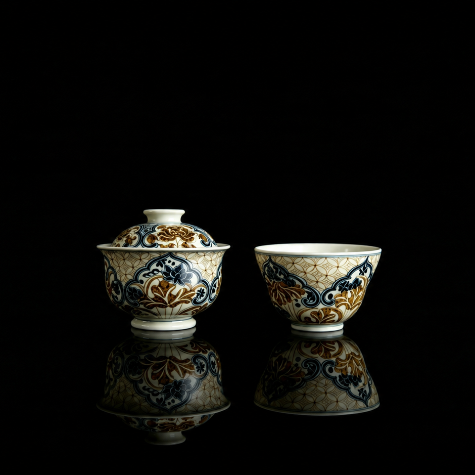 Hand-Painted Underglaze Gold "Copper Coin" Lotus Gaiwan Set 100ml
