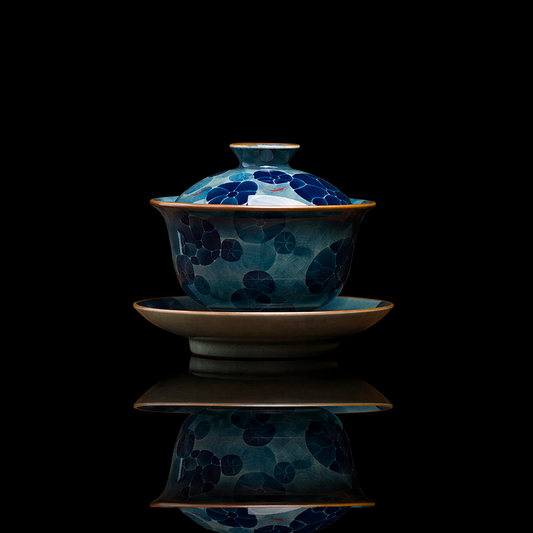 Jingdezhen hand-painted underglaze porcelain gaiwan featuring a blue lotus pond design.