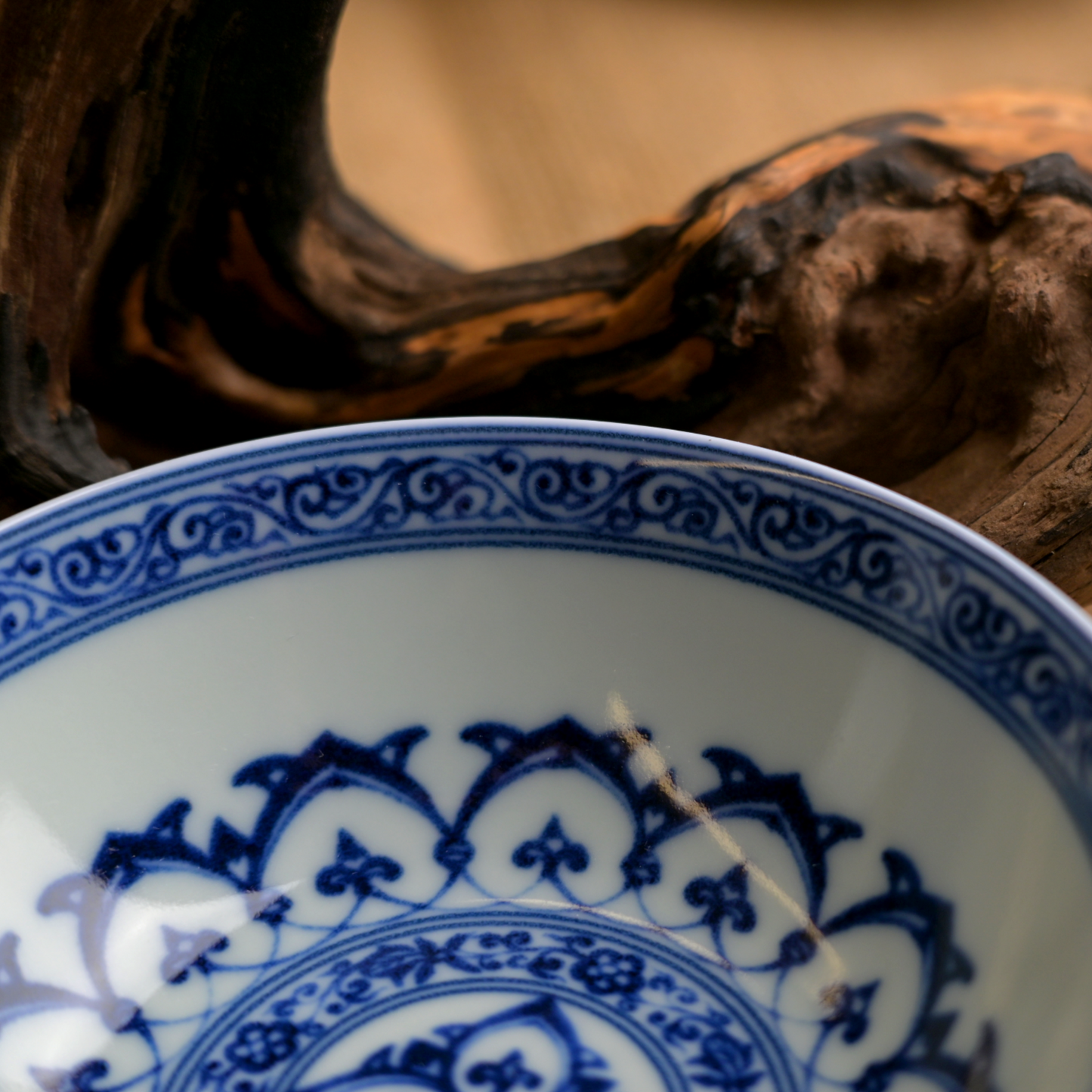 Blue and White Underglaze Porcelain Cup with Scrolling Lotus Design for Puerh Tea