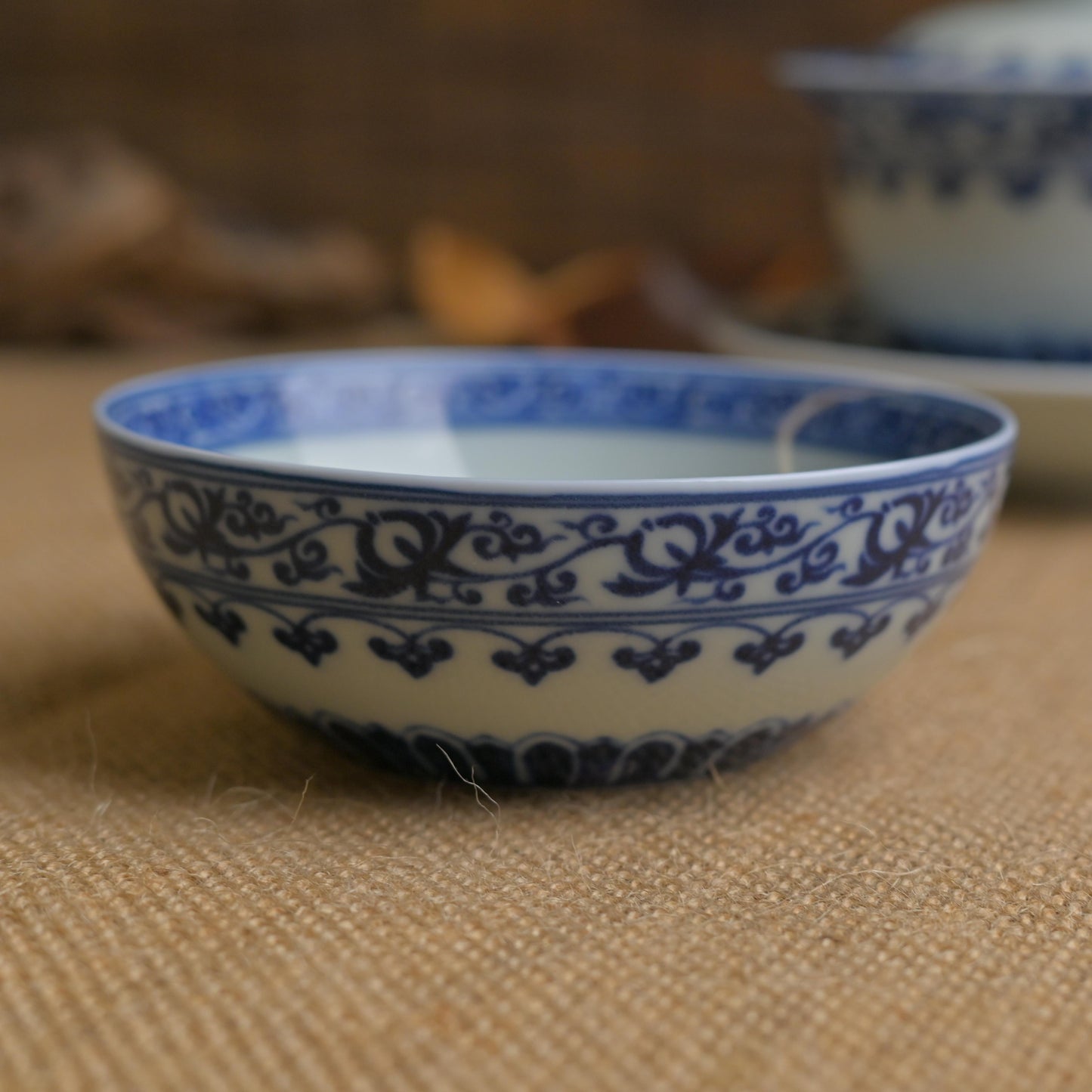 Blue and White Underglaze Porcelain Cup with Scrolling Lotus Design for Puerh Tea