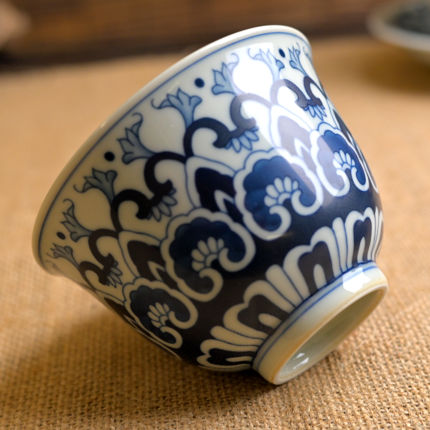 Blue and White Lotus Scrolling Pattern Cup with Baoxiang Design