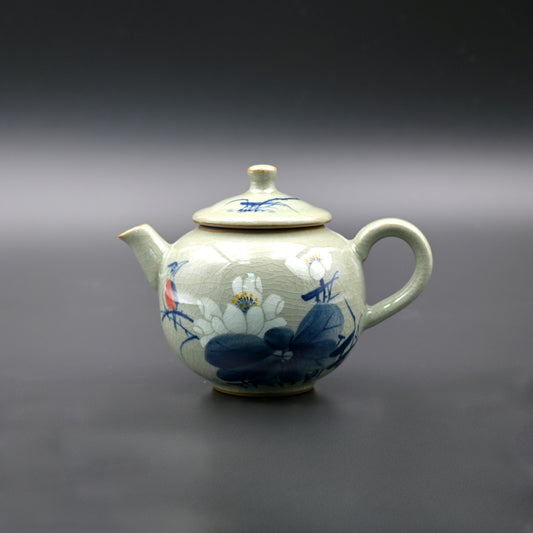 Jingdezhen Wood-Fired Kiln Old Clay Handmade  Lotus Blue and White Underglaze Color Teapot.