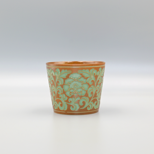 Longquan Celadon Peony Vine Large Teacup with Plant Ash Glaze Mug