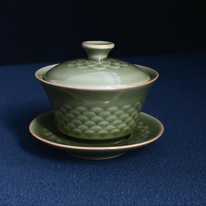 Gaiwan (bol à thé) en céladon Longquan à glaçure vintage motif écaille de poisson
