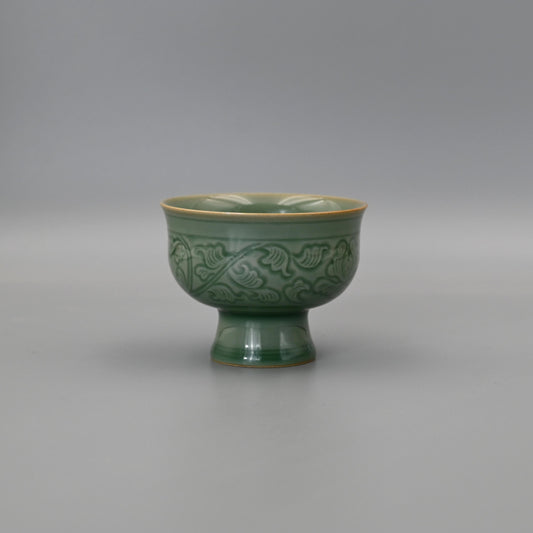 Longquan Celadon High-Stem Cup with Relief Decoration of Intertwined Lotus Design