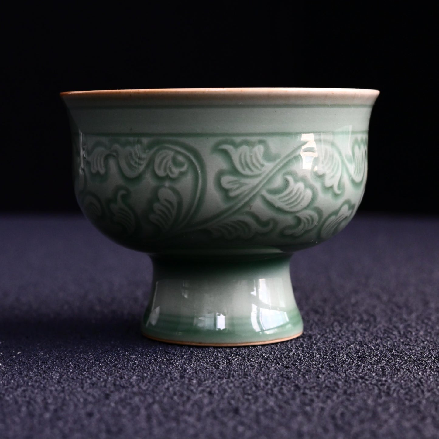 Longquan Celadon High-Stem Cup with Relief Decoration of Intertwined Lotus Design