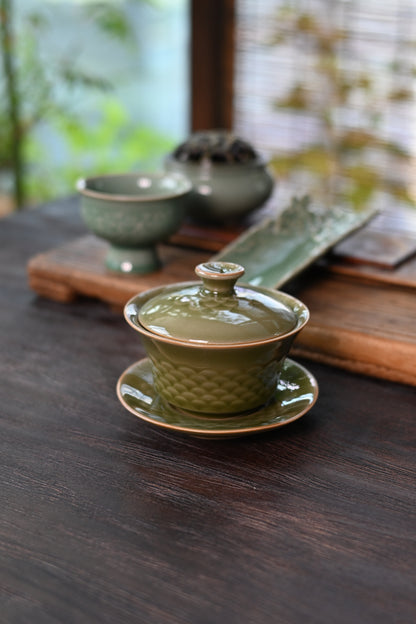 Gaiwan (bol à thé) en céladon Longquan à glaçure vintage motif écaille de poisson