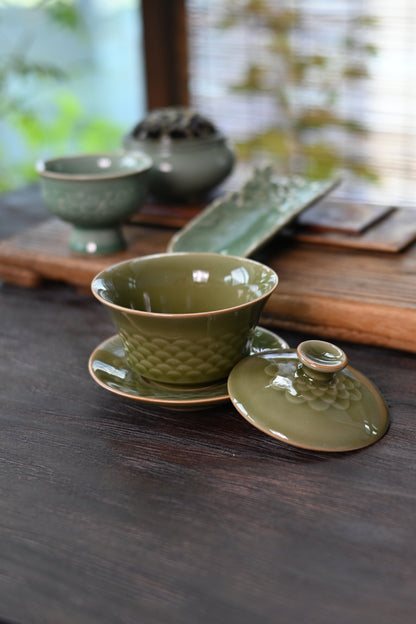 Gaiwan (bol à thé) en céladon Longquan à glaçure vintage motif écaille de poisson