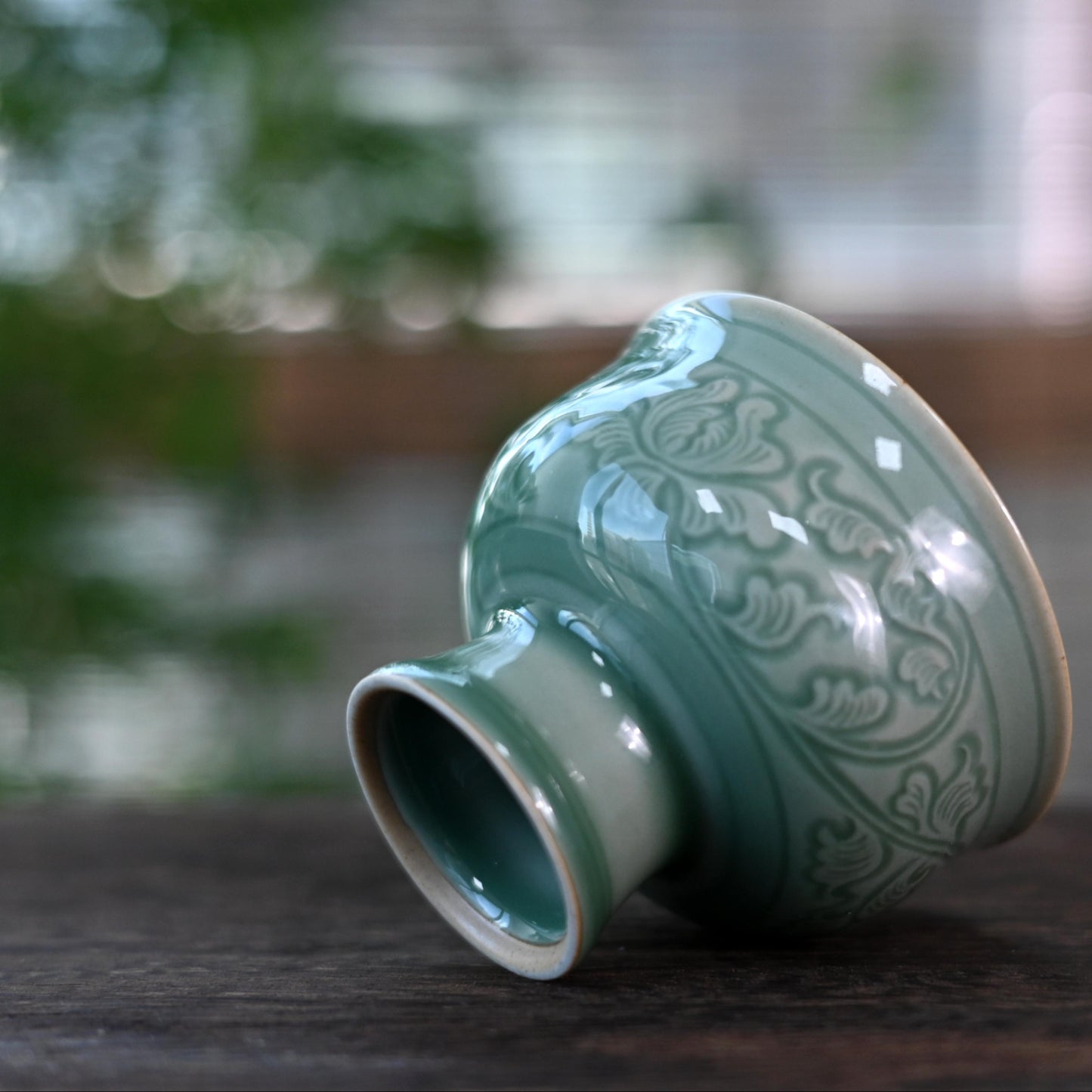 Longquan Celadon High-Stem Cup with Relief Decoration of Intertwined Lotus Design