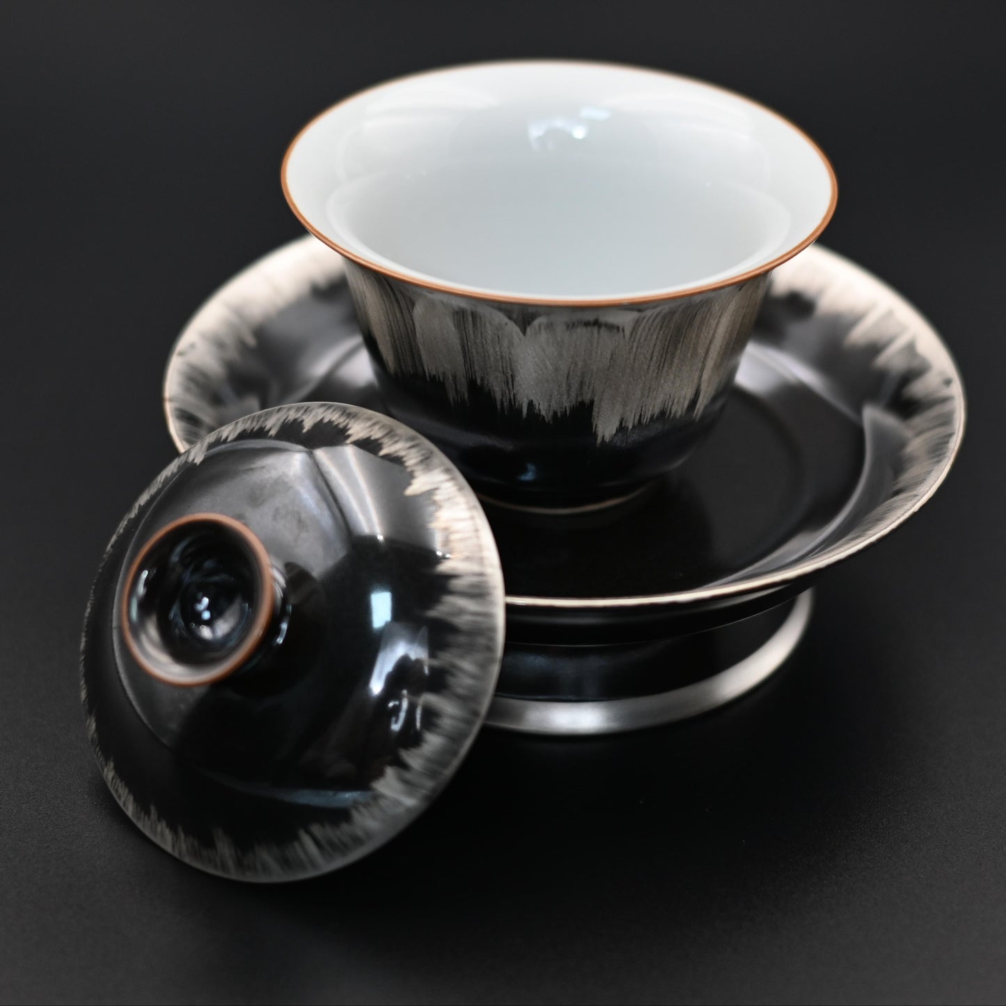 Silver-glazed Black and White Gaiwan with Saucer