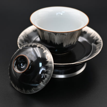 Silberglasierter Schwarz-Weiß Gaiwan mit Untertasse