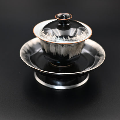 Silberglasierter Schwarz-Weiß Gaiwan mit Untertasse