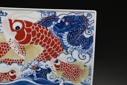 Unterglasur-Polychrom-Drachen- und Fisch-Teetablett