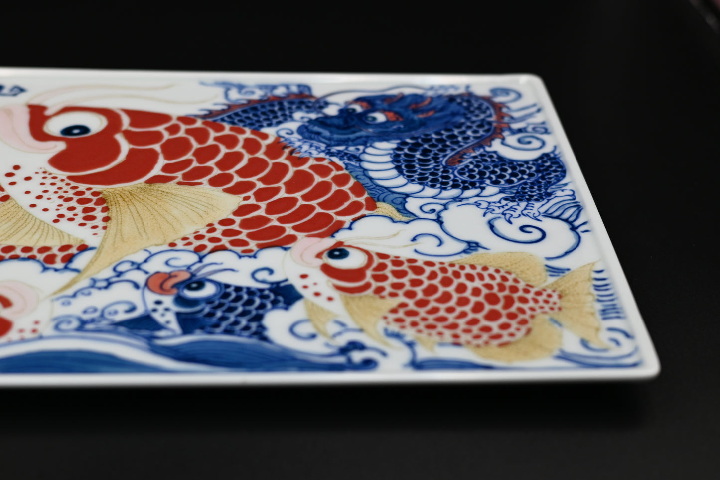 Underglaze Polychrome Dragon and Fish Dry Tea Tray