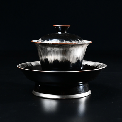 Silberglasierter Schwarz-Weiß Gaiwan mit Untertasse