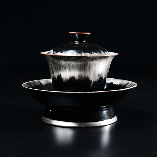 Silver-glazed Black and White Gaiwan with Saucer