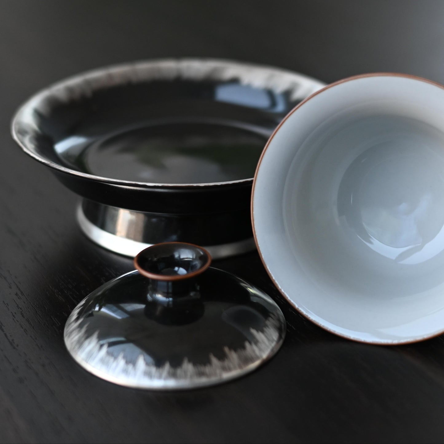 Silver-glazed Black and White Gaiwan with Saucer