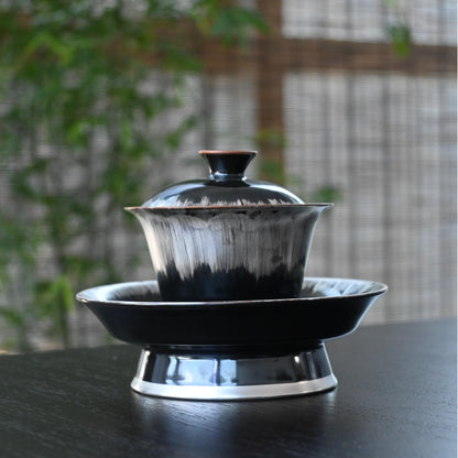 Silberglasierter Schwarz-Weiß Gaiwan mit Untertasse