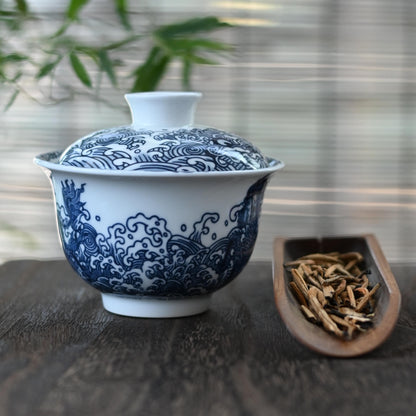 Bol à thé bleu et blanc de Jingdezhen à décor de Qilin