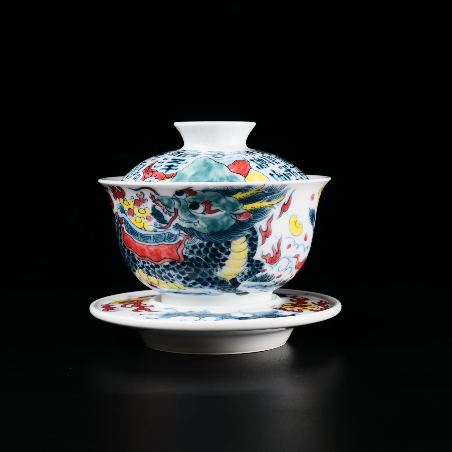 Underglaze multicolor hand-painted Gaiwan with Chinese-style patterns of  Qilin and calligraphy