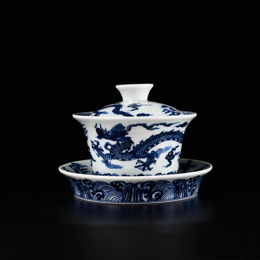 Jingdezhen Blue and White Dragon and Cloud Patterns Porcelain  Flat Base Gaiwan and Matching Saucer